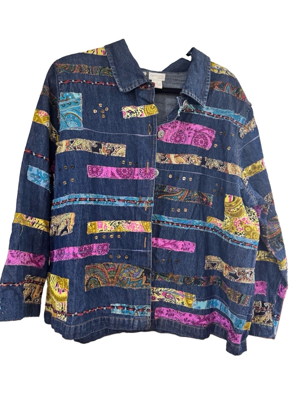 Tantrums Women 1X Denim Shirt Jacket Patchwork Paisley Boho Artsy Shacket